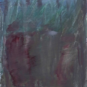May include: Abstract painting with a dark, moody color palette. The artwork features a blend of blues, greens, and deep reds, with brushstrokes suggesting a landscape or natural scene. The artist's signature is in the bottom right corner.