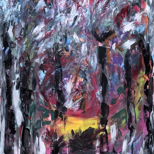 May include: Abstract expressionist painting with a vibrant mix of colors. The artwork features bold brushstrokes in shades of red, yellow, black, white, and purple. The composition evokes a sense of depth and movement, with a signature in the bottom right corner.