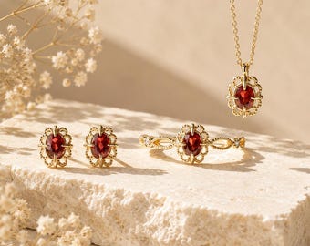Japanese Garnet Floral Jewelry Set for Sunset Dates and Weddings
