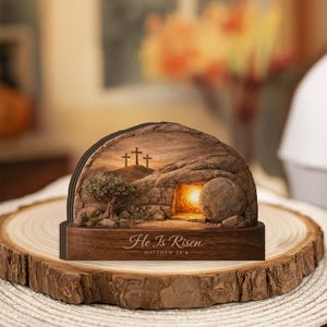 He Is Risen Wooden Block Decor, Easter Christian Gift, Empty Tomb Scene Lighted Sign, Matthew 28:6 Scripture Plaque, Faith Home Decor