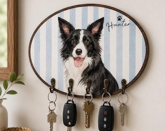 Personalized Dog Key Holder For Wall Custom Name Dog Leash Holder Wooden Border Collie Key Hanger Entryway Decor Dog Mom Gift Dog Lover