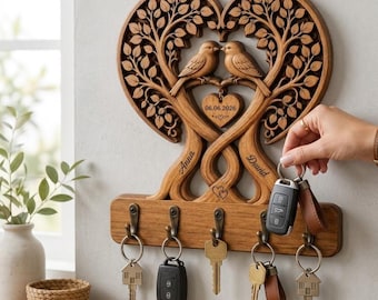 Custom Love Birds Key Holder Wall Hanging Personalized Wooden Tree Of Life Key Rack Anniversary Wedding Gift Housewarming Entryway Decor