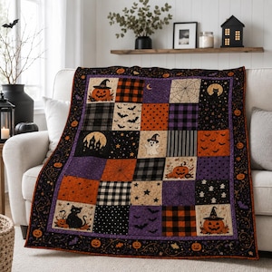 May include: A patchwork quilt featuring a Halloween theme with squares displaying pumpkins in witch hats, black cats, ghosts, bats, spider webs, stars, and plaid patterns in orange, black, and purple colors, finished with a pumpkin-patterned border.