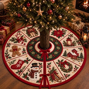 May include: A round, quilted Christmas tree skirt featuring a cream-colored base with a red border. The design includes embroidered panels of a gingerbread man, candy cane, stocking, snowman, sled, wreath, lantern, house, and poinsettia.