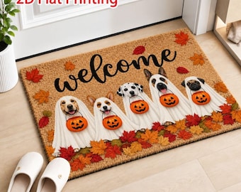 Cute Ghost Dogs Halloween Coir Doormat Autumn Leaves Welcome Mat Front Porch Rug