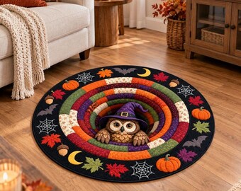 Halloween Owl Witch Hat Round Rug, Autumn Pumpkin Fall Decor Mat, Spooky Black Circle Carpet