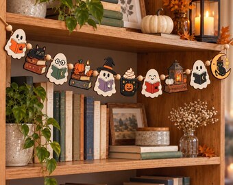 Ghost Reading Book Wooden Garland Spooky Halloween Mantel Decor Farmhouse Party Decor