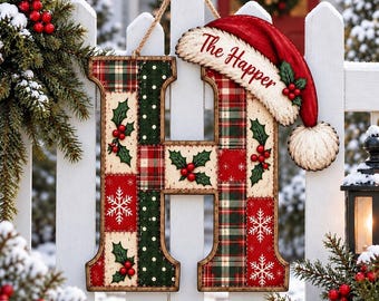 Personalized Letter Christmas Door Sign Plaid Holiday Decor Custom Monogram Front Door Hanger