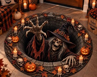 Halloween Skeleton Well Doormat, Spooky Witch 3D Floor Mat, Fall Pumpkin Outdoor Rug