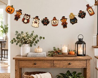 Cute Halloween Garland Wood Sign, Spooky Party Decor, Fall Tiered Tray Garland, Ghost Banner