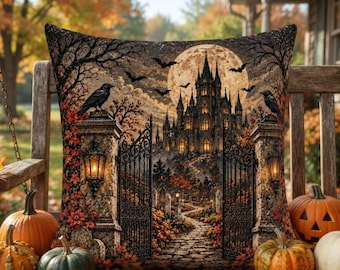 Gothic Castle Throw Pillow, Spooky Moon And Crows Decor, Fall Autumn Home Accent, Halloween Gift