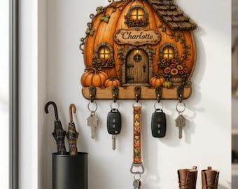Custom Pumpkin Key Holder Wall Hanging Personalized Family Name Key Hanger Wooden Pumpkin Cottage Decor Fall Entryway Organizer Gift