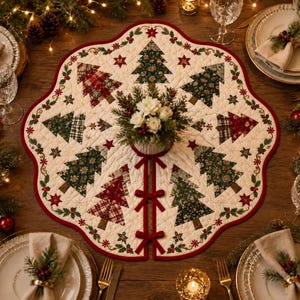 May include: A circular quilted Christmas tree skirt with a scalloped edge, featuring a cream background with a repeating pattern of green and red plaid Christmas trees, red stars, and holly leaves, secured by three red ribbon ties at the center.