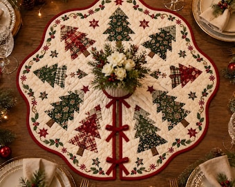 Quilted Christmas Tree Table Topper Patchwork Christmas Quilt Scalloped Edge Table Runner Rustic Holiday Dining Table Centerpiece Mat