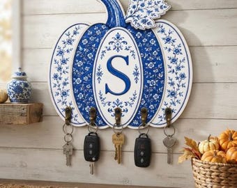 Personalized Chinoiserie Pumpkin Key Holder For Wall Monogram Blue White Floral Key Hanger Autumn Fall Home Decor Housewarming Gift