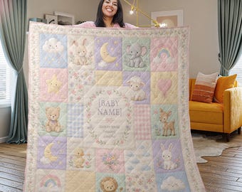 Manta personalizada para bebé, manta personalizada con nombre y datos de nacimiento para recién nacido, linda colcha de animales para la habitación del bebé, recuerdo de regalo para baby shower.