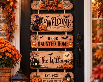 Personalized Halloween Door Sign Custom Haunted Home Welcome Wooden Sign Black Cat Pumpkin Porch Decor Outdoor Spooky Family Hanging Hanger