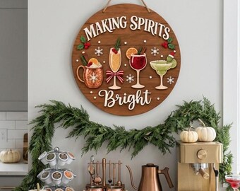 Christmas Cocktail Wooden Sign Festive Winter Door Hanger Holiday Bar Cart Wall Art Decor