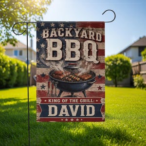 Personalized Backyard BBQ Garden Flag Custom Name King of the Grill Patriotic USA Flag Outdoor Decor BBQ Lover Gift