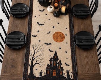 Vintage Halloween Table Runner, Spooky Haunted House Black Cat Table, Pumpkin Full Moon Dining Room Decor, Housewarming, GIFT 2026