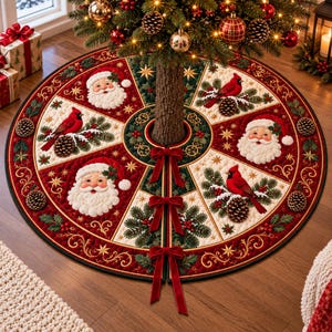 Op de afbeelding: Een ronde, doorgestikte kerstboomrok met afwisselende panelen van rode en crèmekleurige stof. Het ontwerp toont illustraties van kerstmangezichten, rode kardinaalvogels op dennentakken met dennenappels en gouden sterren.