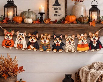 Pumpkin Corgi Halloween Banner, Spooky Dog Garland, Cute Fall Puppy Decor