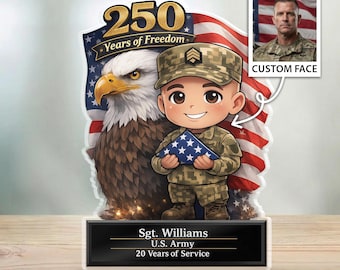Placa acrílica militar personalizada, regalo personalizado de soldado chibi, recuerdo del servicio en el ejército estadounidense, regalo de agradecimiento a los veteranos, decoración patriótica