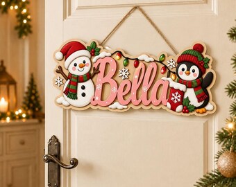 Custom Snowman And Penguin Wooden Sign Personalized Christmas Wall Hanging Holiday Home Decor