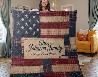 Personalized Patriotic Patchwork Blanket, Custom Family Name Quilt, Rustic American Flag Throw, Farmhouse Home Decor Gift