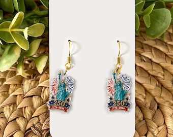 America 250 Statue of Liberty Earrings, Patriotic Dangle Jewelry, 4th of July Gift, 1776-2026 USA Pride, Independence Day Earrings