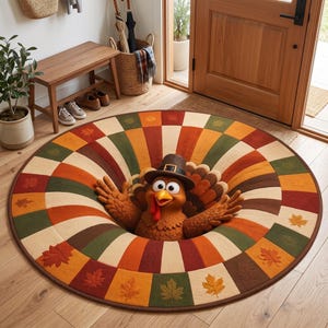 Rond vloerkleed met Thanksgiving-kalkoenmotief, grappige 3D-illusie vloermat, herfstdecoratie voor de hal, herfstcadeau 2026