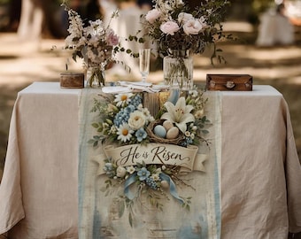 He Is Risen Easter Table Runner Rustic Cross Christian Decor Farmhouse Spring Table Linen Religious Holiday Dining Decor