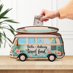 Personalized Travel Fund Piggy Bank, Custom Couple Money Box, Van Adventure Savings Jar, Wedding Gift, Honeymoon Fund Decor