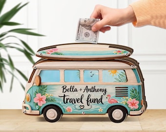 Personalized Travel Fund Piggy Bank, Custom Couple Money Box, Van Adventure Savings Jar, Wedding Gift, Honeymoon Fund Decor