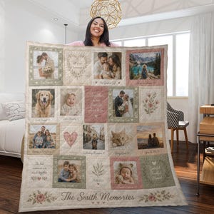 May include: A personalised family photo quilt with a patchwork design. It features framed photos, floral accents, and text. The quilt includes various family photos, with the text "The Smith Memories" at the bottom. The quilt is beige, pink, and green.