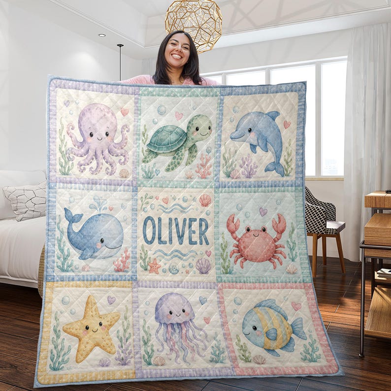 Personalized Ocean Baby Quilt Blanket, Custom Sea Animals Nursery ...