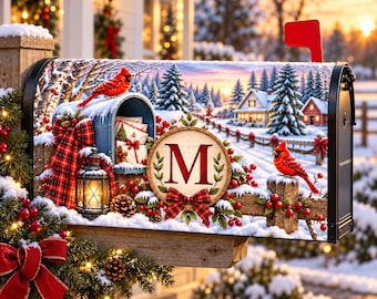 Personalized Cardinal Christmas Mailbox Cover, Custom Monogram Winter Village Mailbox Wrap, Rustic Farmhouse Holiday Decor