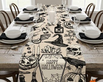 Vintage Halloween Table Runner, Spooky Skull Pumpkin Decor, Gothic Witch Dining Table Linens