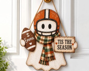 Personalized Football Ghost Wooden Door Hanger, Custom Sports Fall Decor, Front Porch Sign