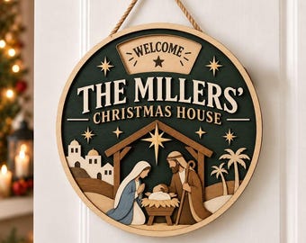 Personalized Nativity Christmas Wood Sign, Custom Family Holiday Door Hanger, Religious Decor