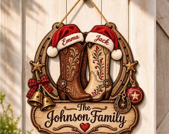 Custom Cowboy Boot Christmas Sign, Personalized Western Holiday Door Hanger, Rustic Xmas Decor