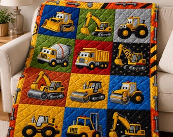 Construction Truck Quilt Blanket, Kids Digger Blanket, Heavy Equipment Blanket, Tractor Quilt, Excavator Gift for Boys