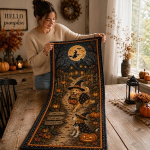 Può includere: Un runner da tavola rettangolare in tessuto con un'illustrazione a tema Halloween che ritrae un golden retriever e un beagle con cappelli da strega e mantelli. La scena include una casa stregata, una luna piena, zucche e cartelli con le scritte TREATS, THIS WAY e SPOOKY FUN.