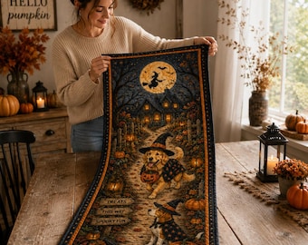 Camino de mesa de Halloween para perros, decoración de mesa acolchada de otoño para amantes de los perros, mantel espeluznante de Halloween, regalo para perros de Halloween.