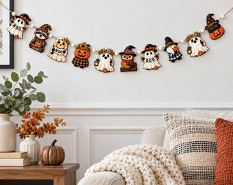 Halloween Wood Bead Garland Spooky Ghost Pumpkin Decor Tiered Tray Decor Fall Garland