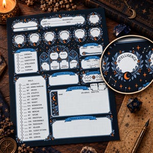 May include: A dark blue tabletop roleplaying game character sheet featuring celestial motifs, floral borders, and white text fields for stats, skills, and spells. A circular wooden frame highlights the Intelligence attribute section with orange crescent moons.