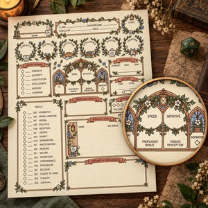 May include: A cream-coloured tabletop role-playing game character sheet featuring floral borders, arched architectural motifs, and sections for stats, skills, and spells. A circular magnifying glass overlay highlights the central speed and initiative area.