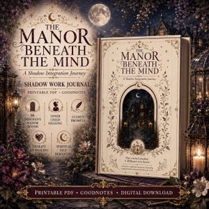Op de afbeelding: Een digitaal dagboek getiteld The Manor Beneath The Mind, A Shadow Integration Journey. De omslag toont een boogvormige illustratie van een donker landhuis onder een maanverlichte hemel, omringd door gouden filigraan en tekst.