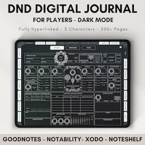 Puede incluir: Un diario digital de DND para jugadores en modo oscuro, totalmente hipervinculado con más de 200 páginas. El diario presenta hojas de personajes, estadísticas y espacios para hechizos. Compatible con GoodNotes, Notability, Xodo y Noteshelf.