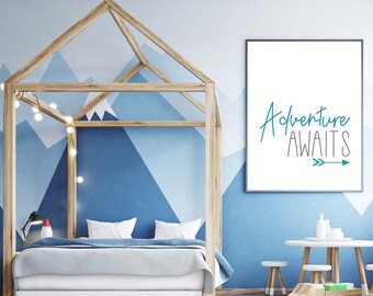 DIGITAL Download Printables, Adventure Awaits - for Boys Set of 2 Prints: Blue & Orange. Kids Room Decor, Nursery Room Decor, Play Room
